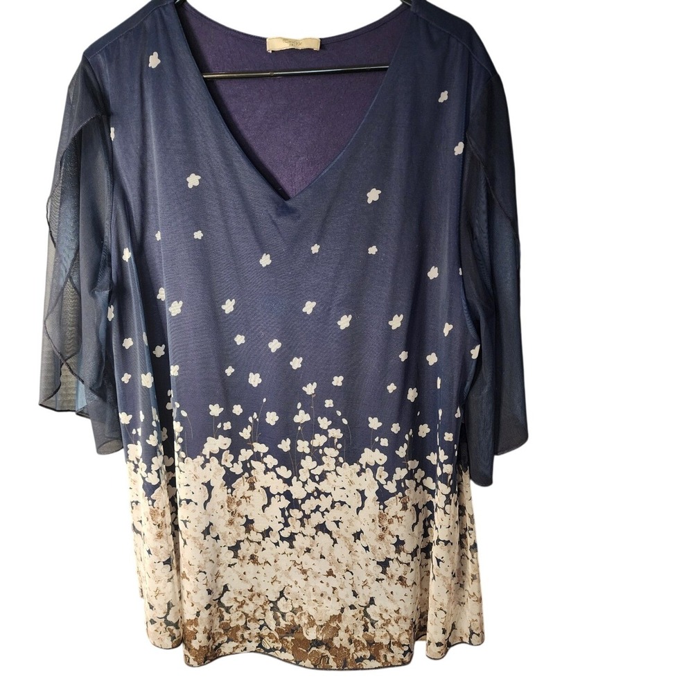 Cestyle Navy Blue Floral V-Neck Tunic Top Flutter Mesh Sleeve 2XL